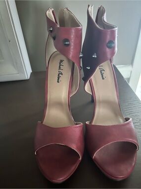 Michael Antonio Wine Red Stud Ankle-Strap Open-Toe Heels
